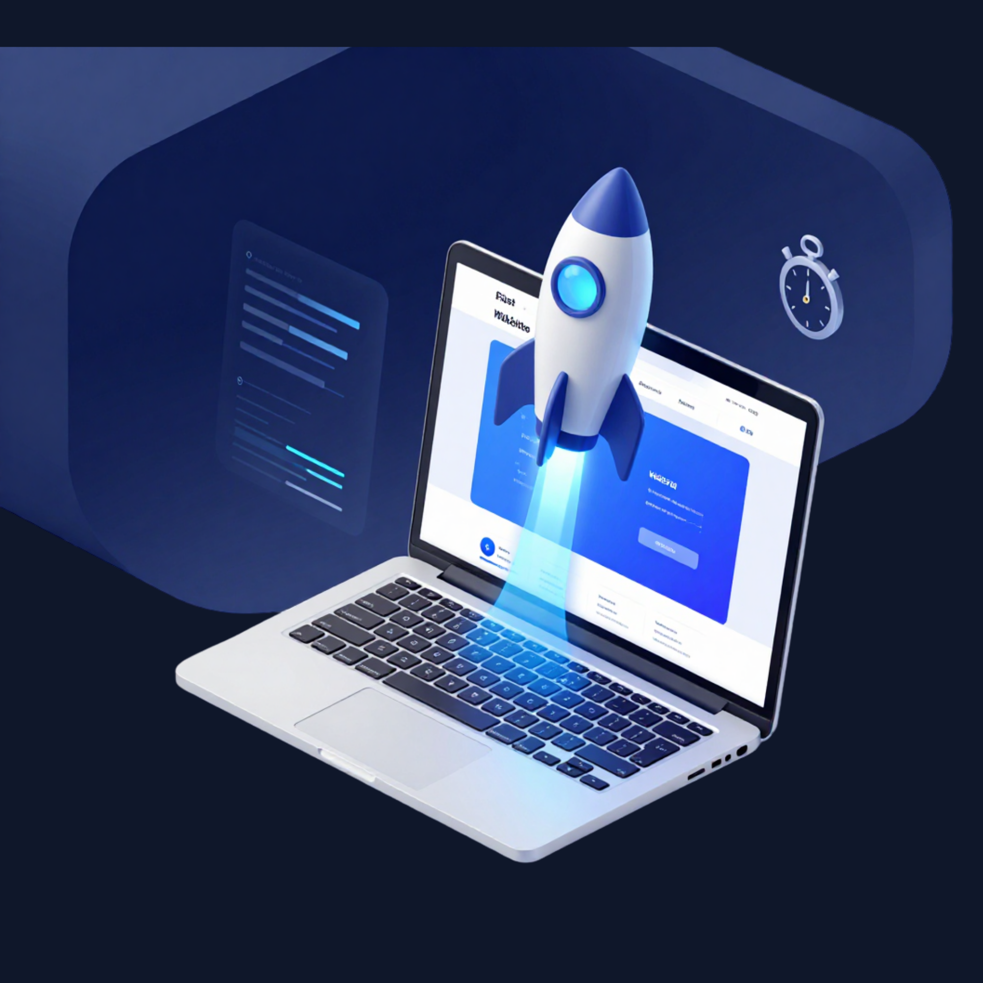 Laptop ekranından fırlayan roket — hızlı web sitesi yayını illüstrasyonu
