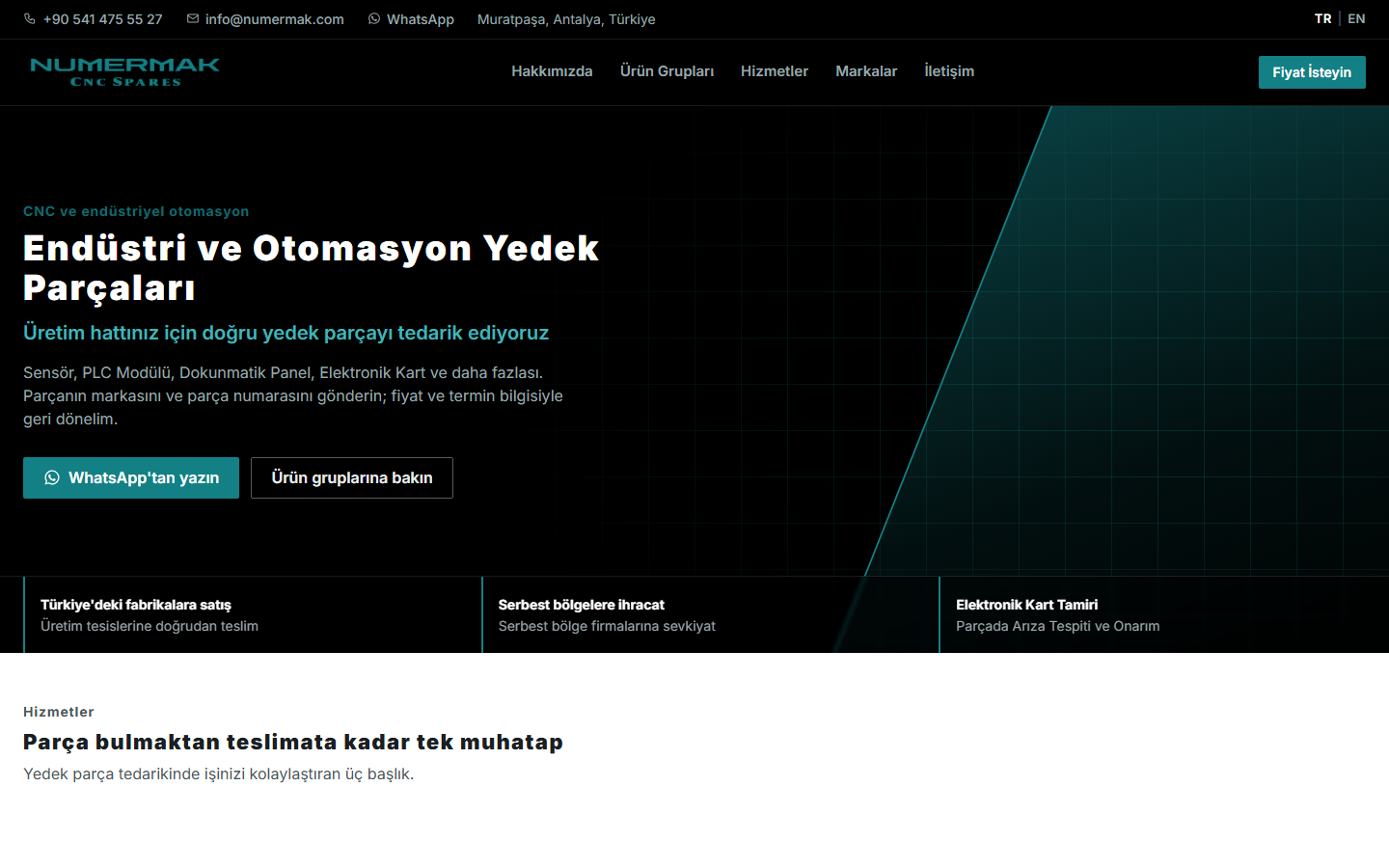 numermak — screenshot of the corporate website for a CNC and industrial automation spare parts importer