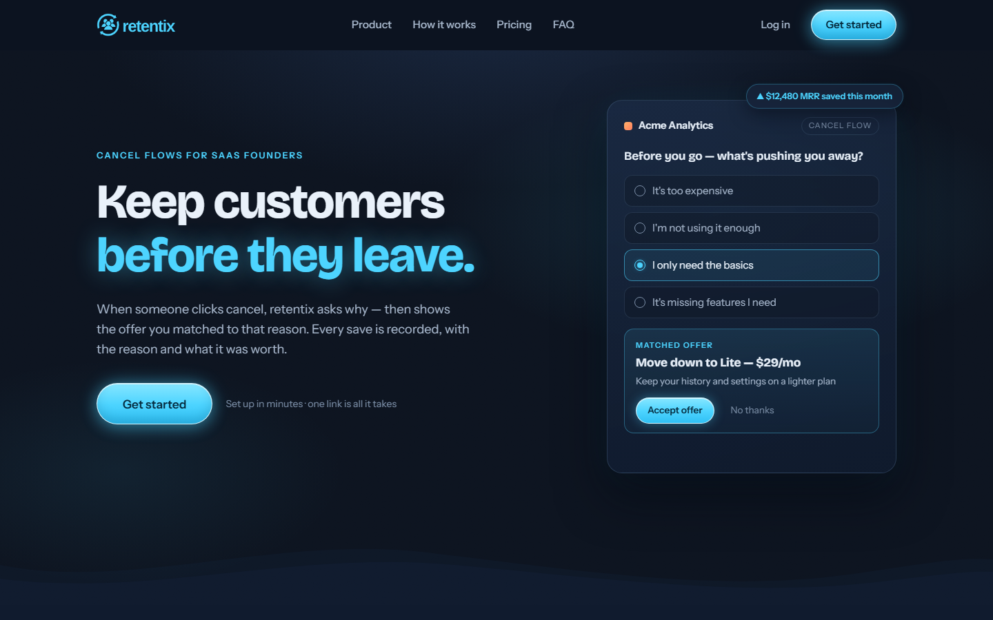 Retentix — screenshot of the subscription cancel flow and customer retention product